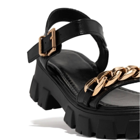 Black Chunky Platform Gold Chain Band Sandals - Picture 3 of 7